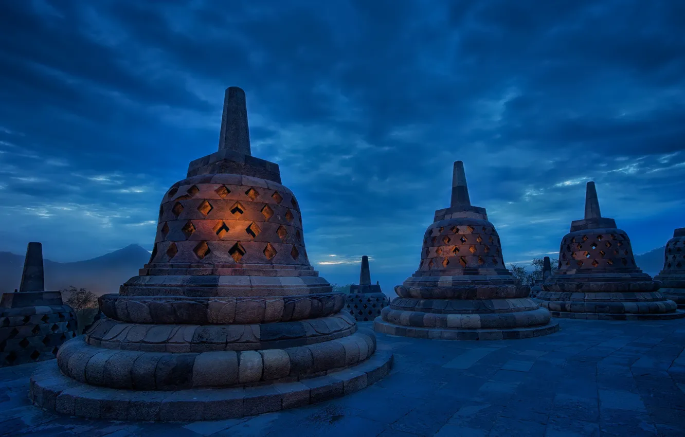Photo wallpaper the sky, clouds, the evening, Indonesia, temple, architecture, twilight, blue