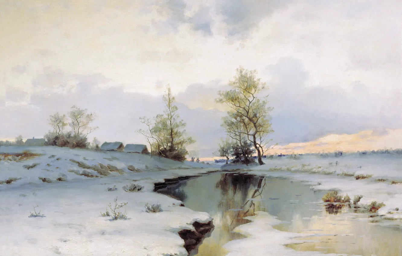 Photo wallpaper snow, river, oil, Canvas, Ivan ENDOGUROV, The beginning of spring