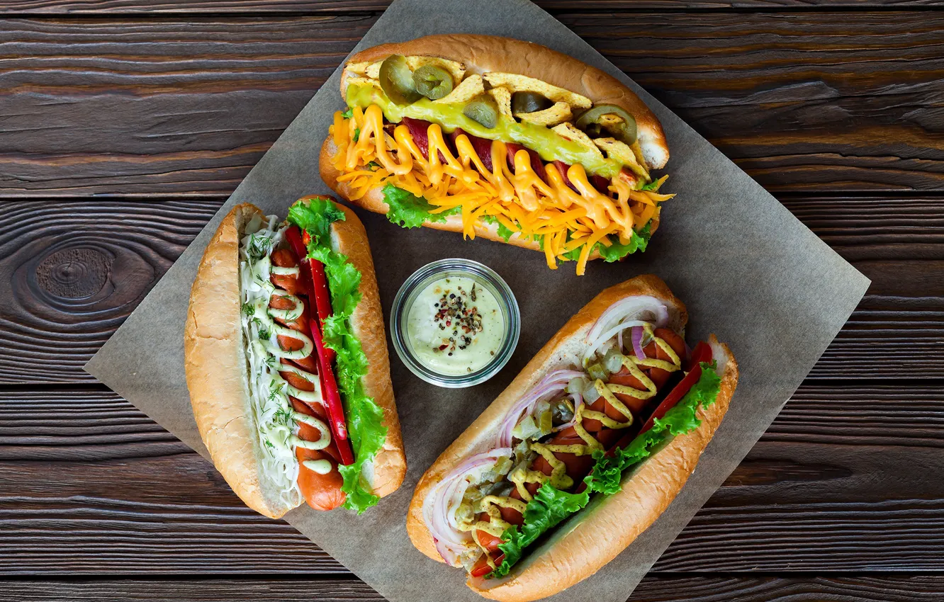 Photo wallpaper sausage, carrot, sauce, ketchup, salad, buns, hot dog