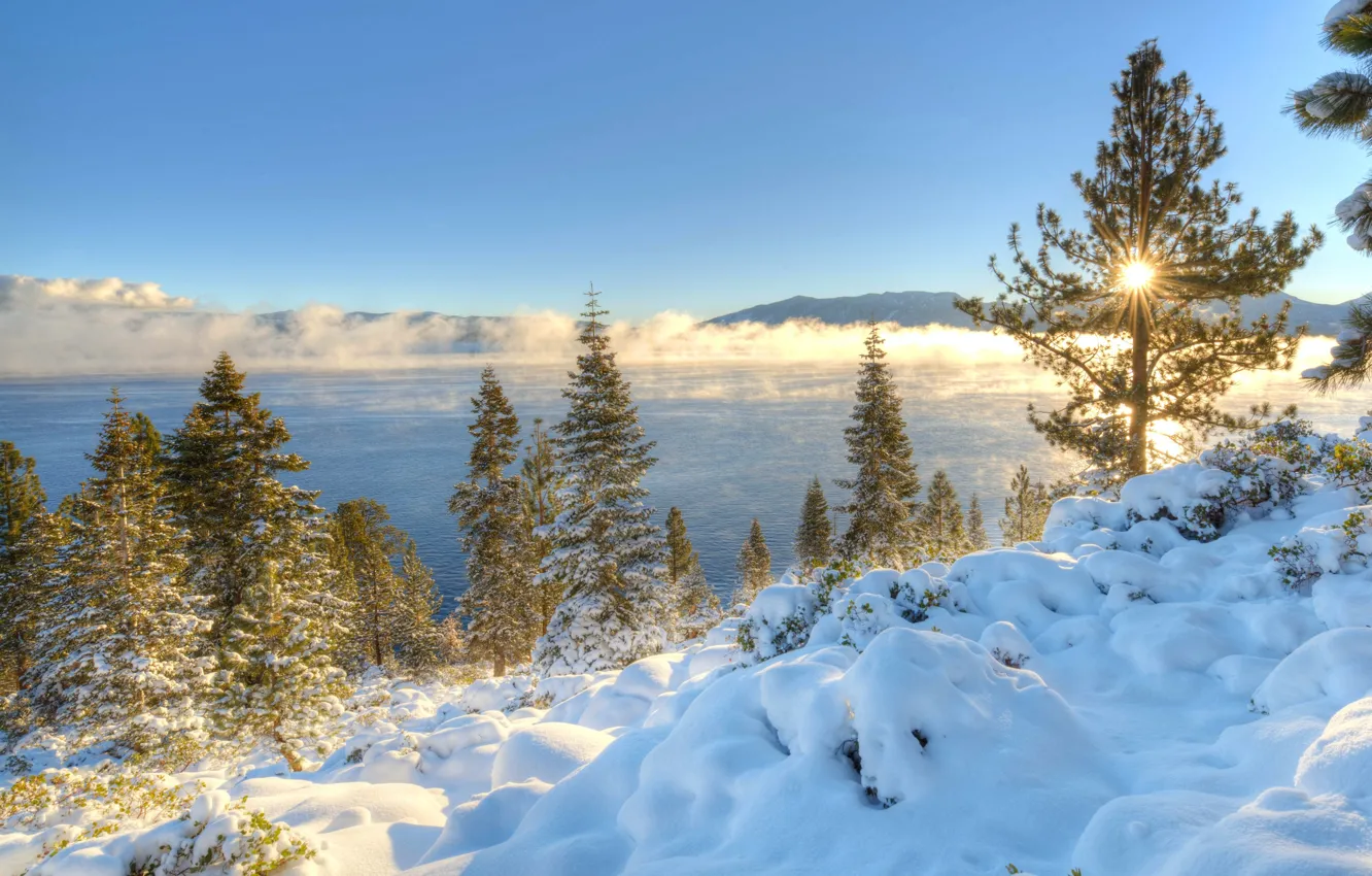 Photo wallpaper winter, snow, trees, mountains, lake, sunrise, dawn, morning