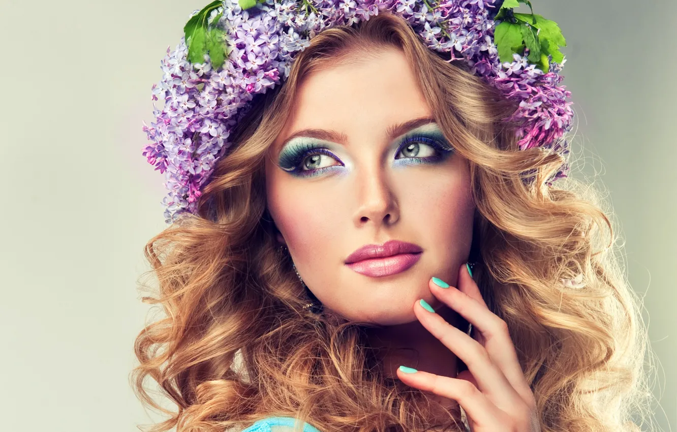 Photo wallpaper look, flowers, face, wreath, lilac