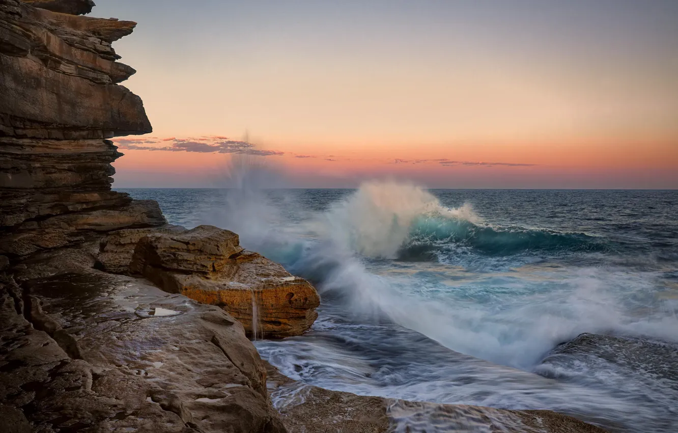 Photo wallpaper sea, wave, sunset, squirt, rocks, surf
