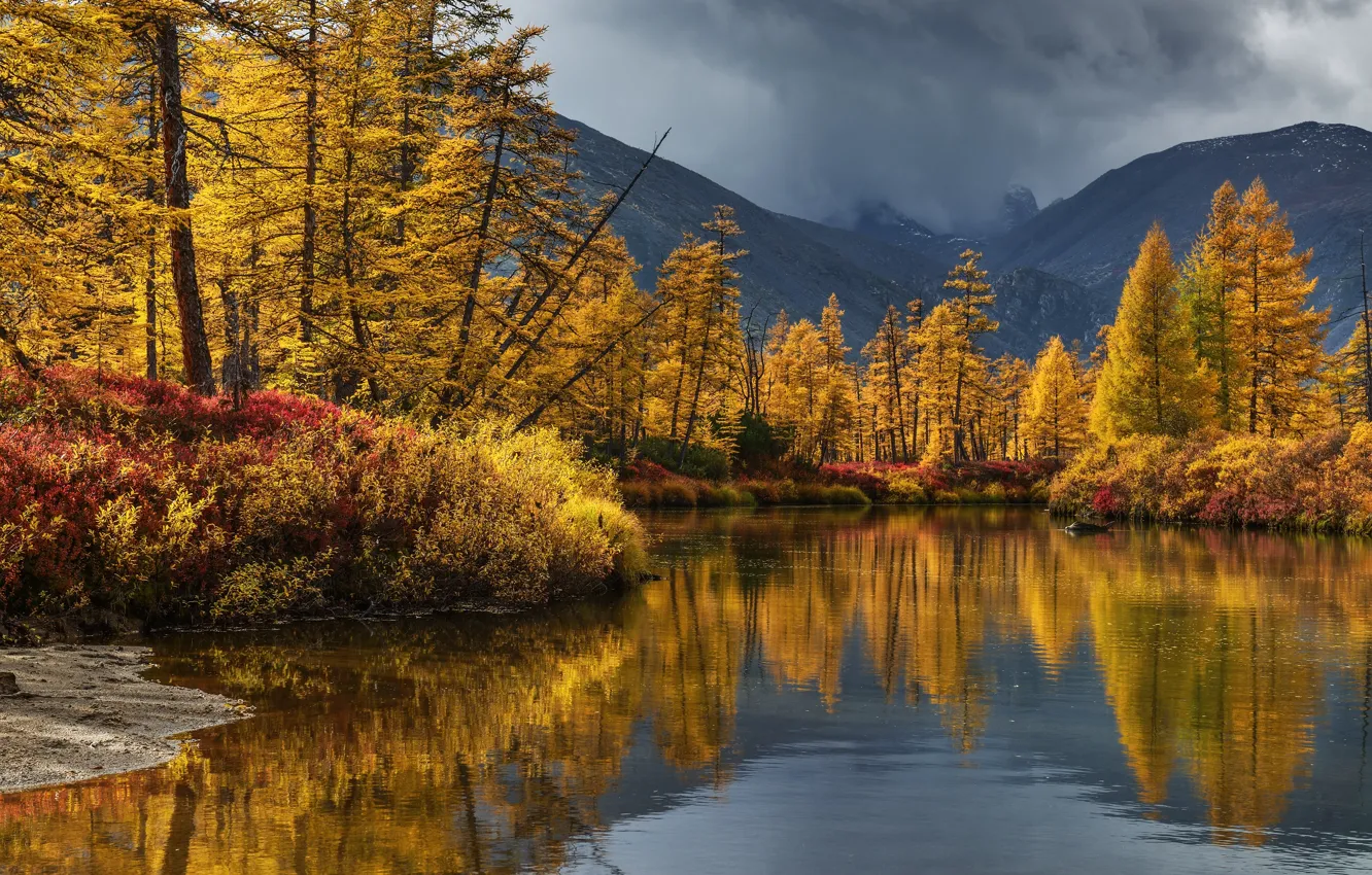 Photo wallpaper autumn, trees, landscape, mountains, clouds, nature, reflection, river