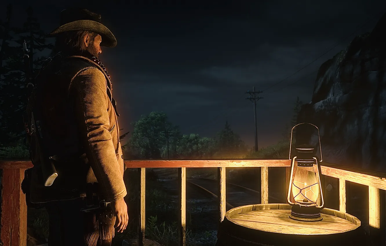Photo wallpaper HDR, Night, Game, Lamp, Lantern, UHD, Red Dead Redemption 2, Xbox One X