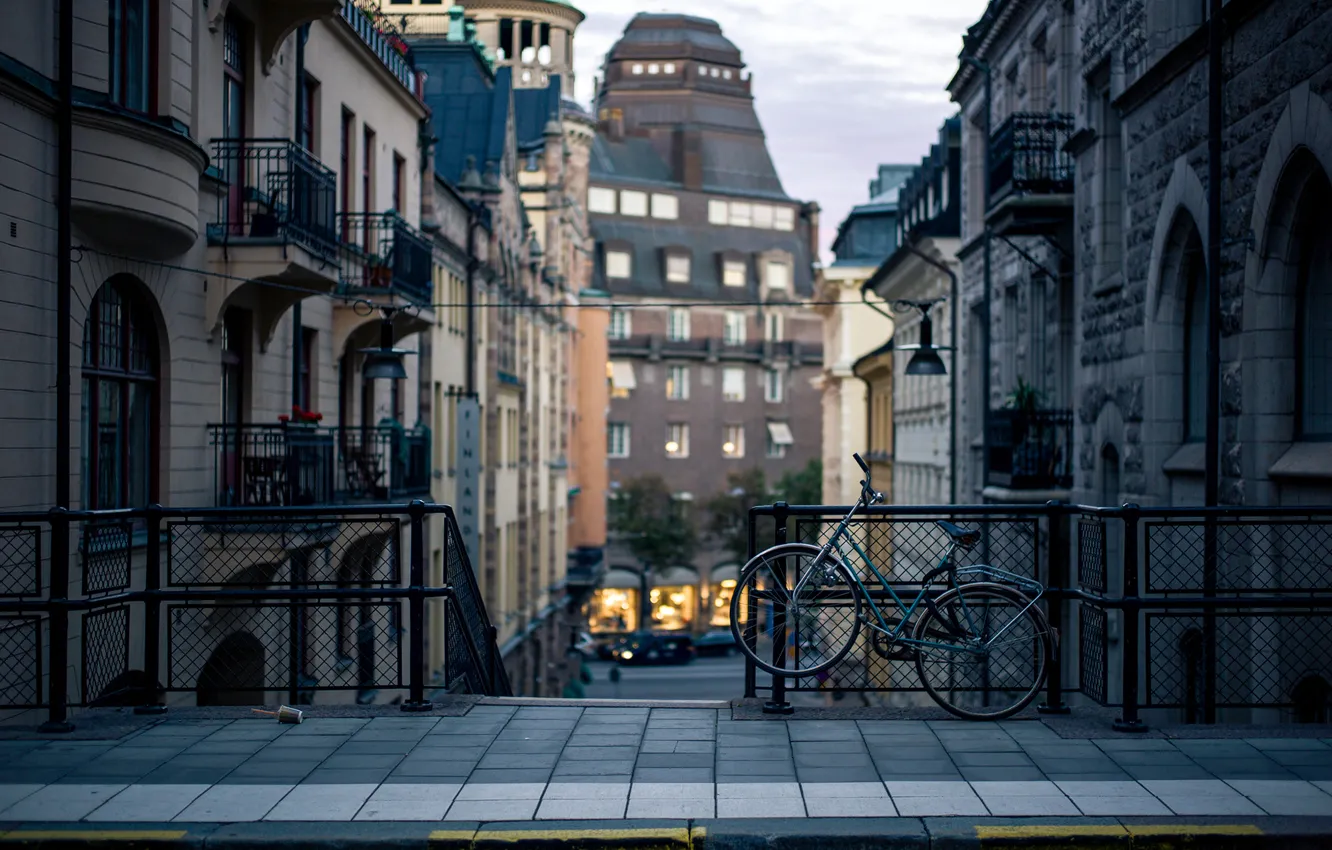 Photo wallpaper bike, the city, street, building, home, the evening, border, Stockholm