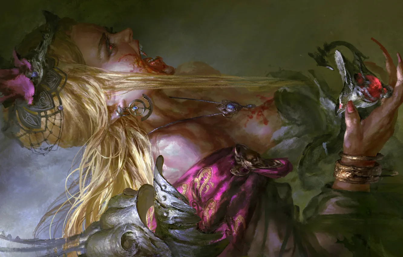 Photo wallpaper fangs, horror, red eyes, hunger, vampire, evil, blood on his hands