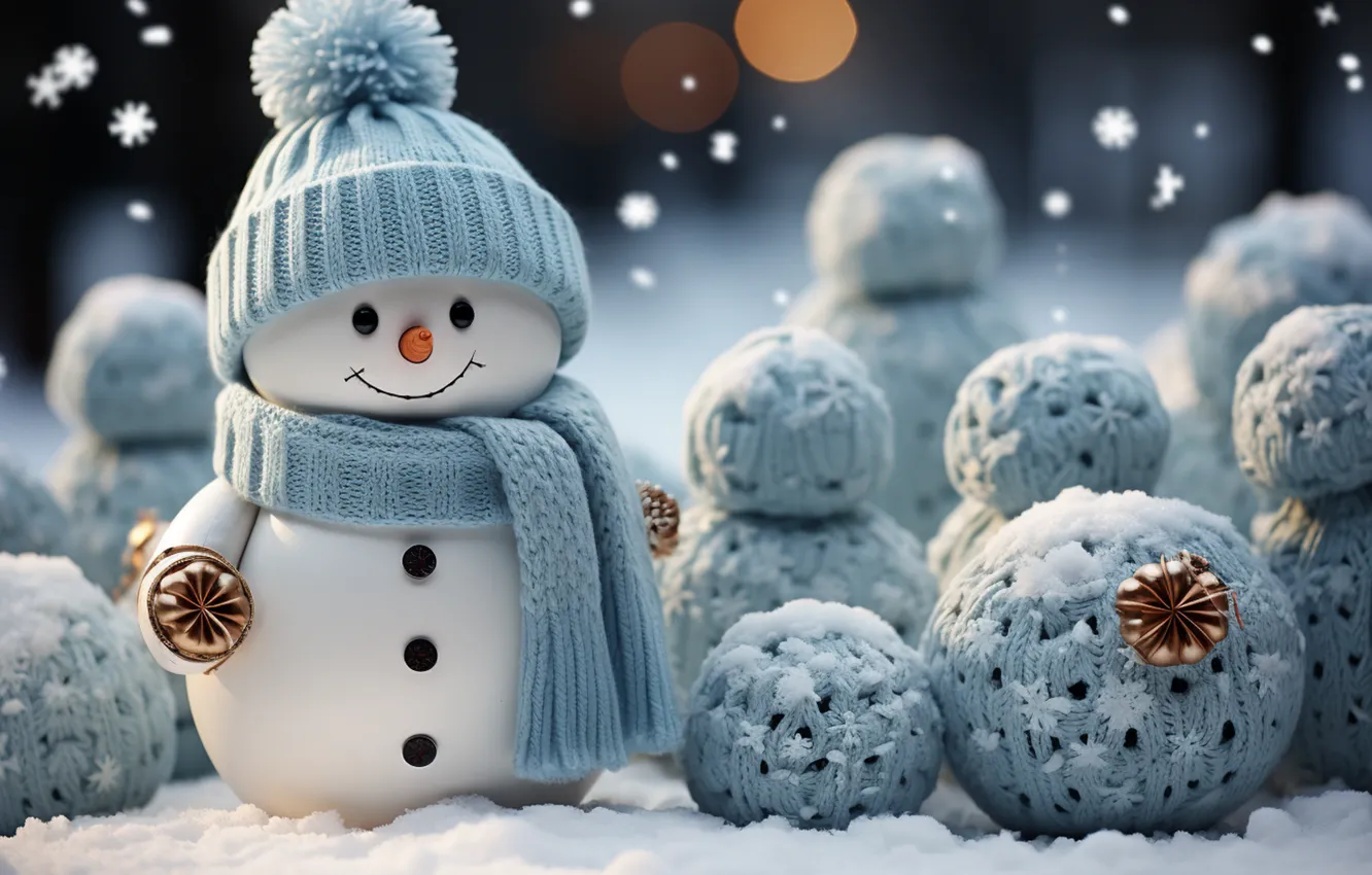 Photo wallpaper winter, snow, decoration, snowflakes, balls, new year, Christmas, snowman