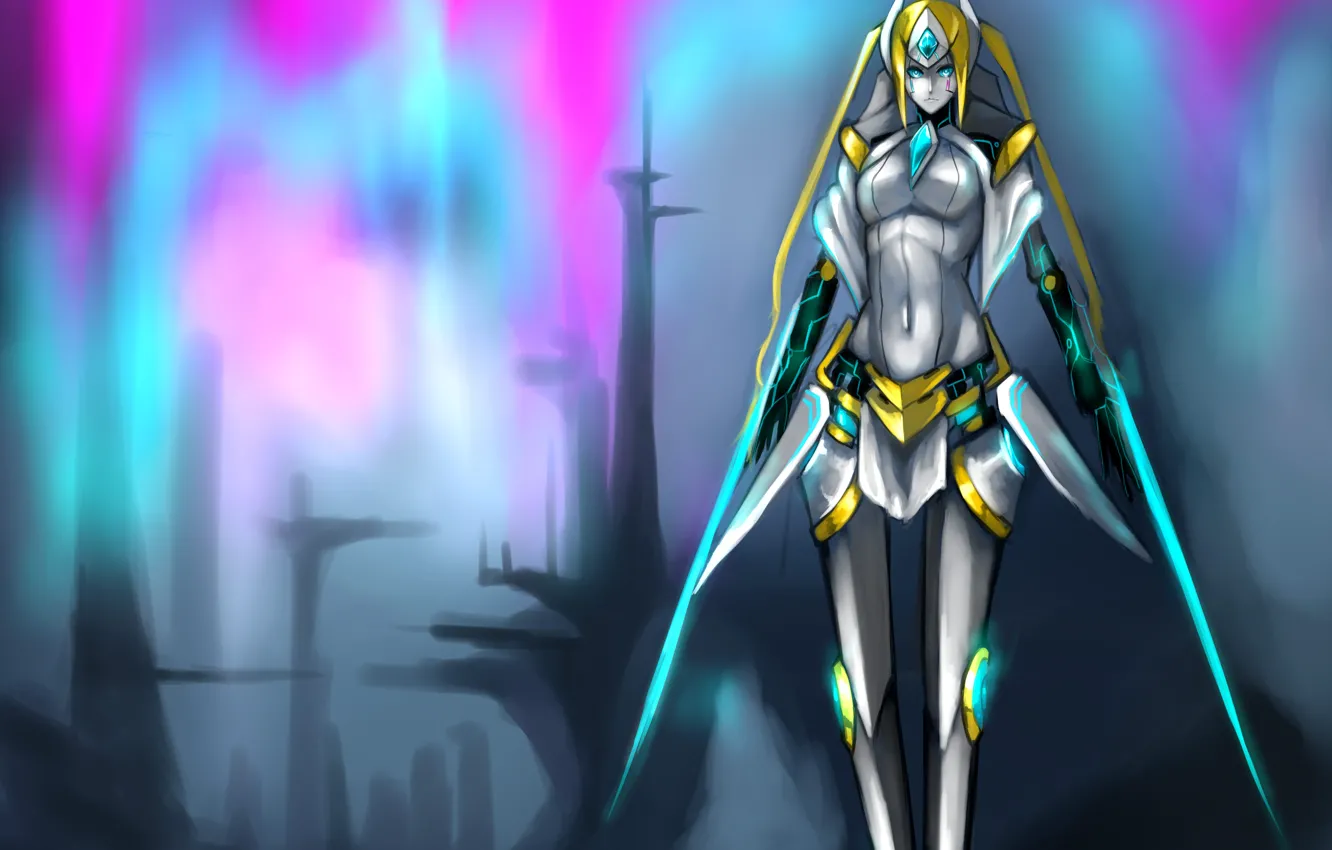 Photo wallpaper girl, the city, weapons, paint, art, League of Legends