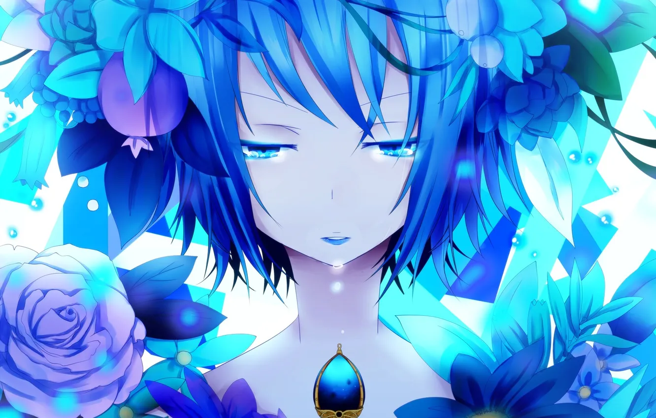 Photo wallpaper girl, flowers, mood, tears, blue color, art, mahou shoujo madoka magica, bloodcatblack