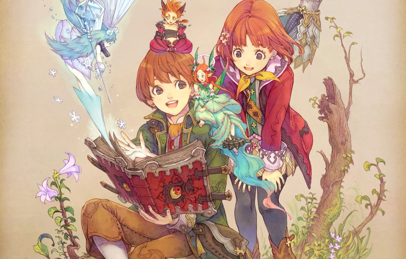 Photo wallpaper children, magic, elf, boy, fairy, stump, girl, book