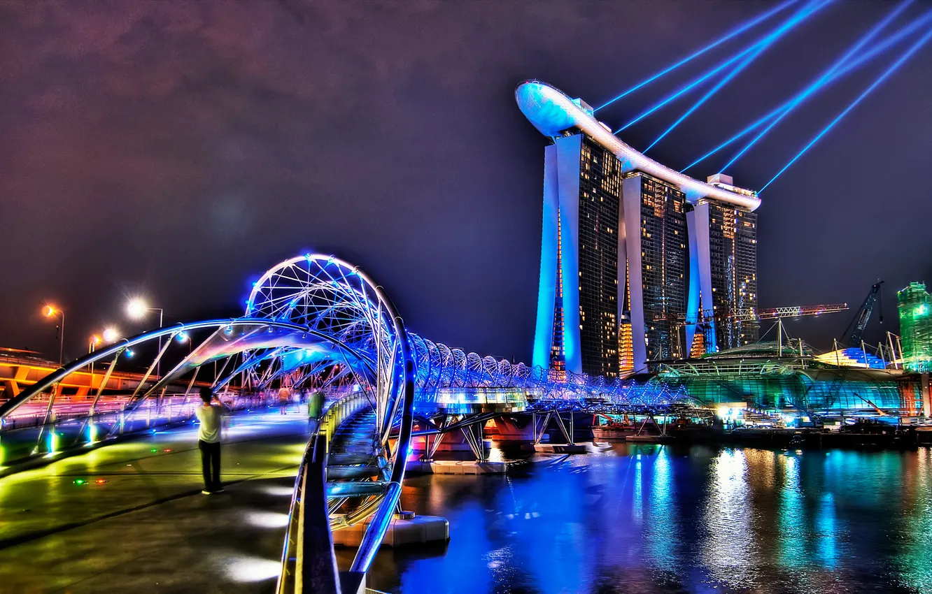 Photo wallpaper bridge, city, building, the hotel, lighting., hotel Singapore, Singapor, laseri
