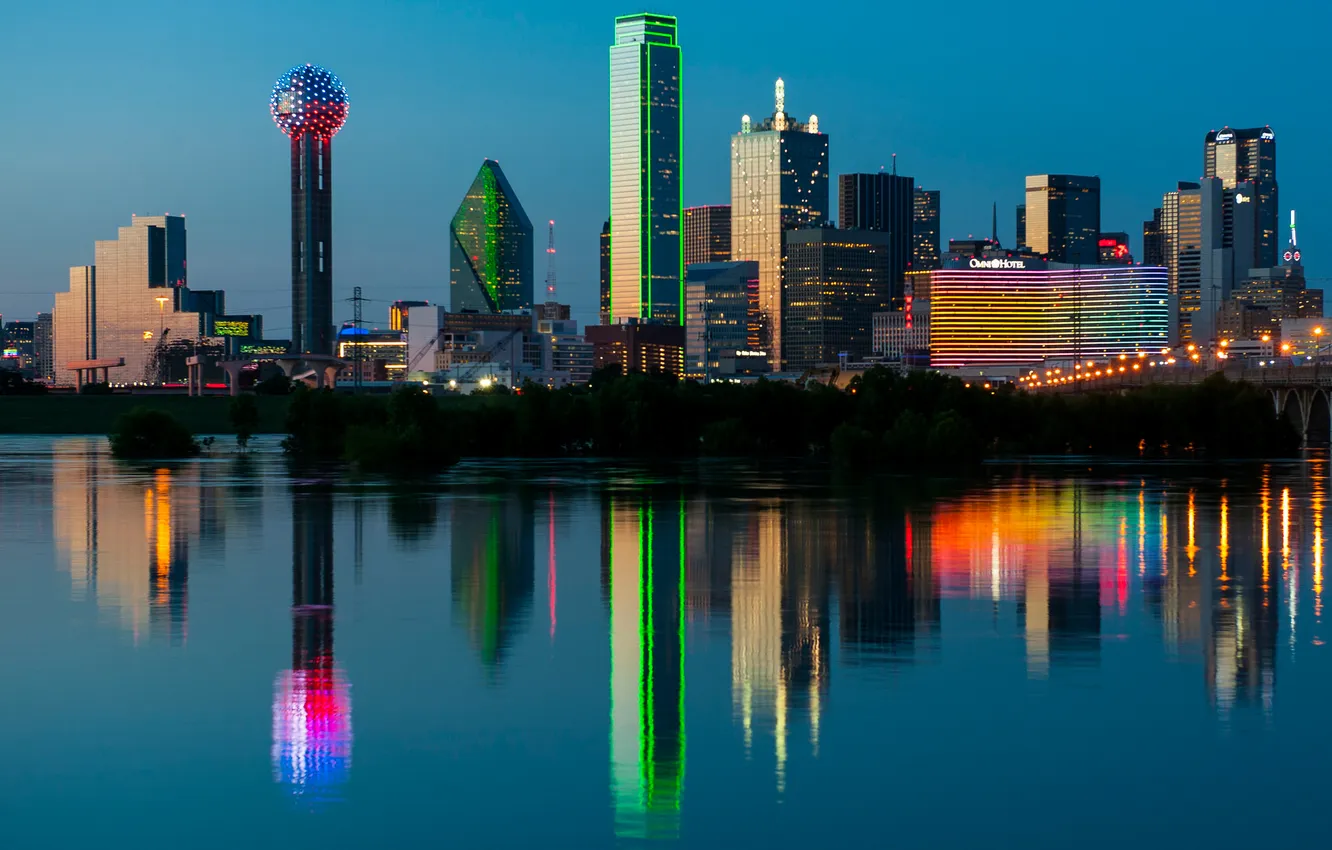 Photo wallpaper lights, reflection, river, home, Trinity, USA, Dallas, Texas