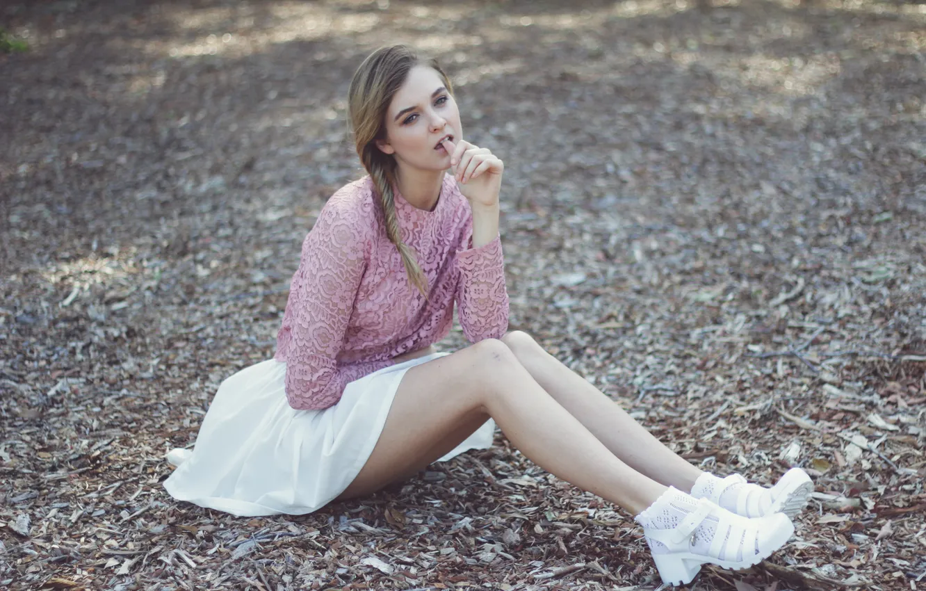 Photo wallpaper forest, girl, skirt, sitting