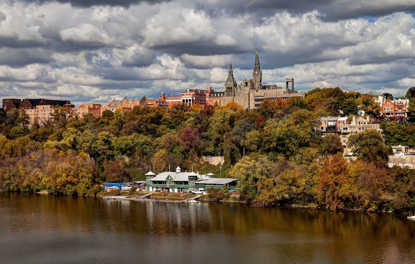 Photo wallpaper autumn, the sky, trees, nature, river, Washington, USA, Washington