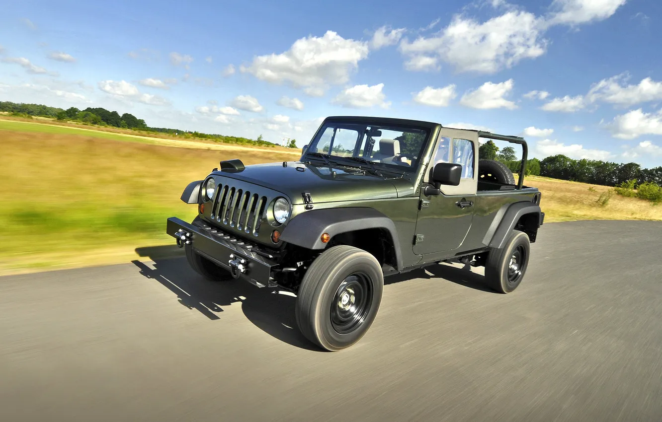 Photo wallpaper road, field, the sky, clouds, jeep, SUV, the front, Wrangler