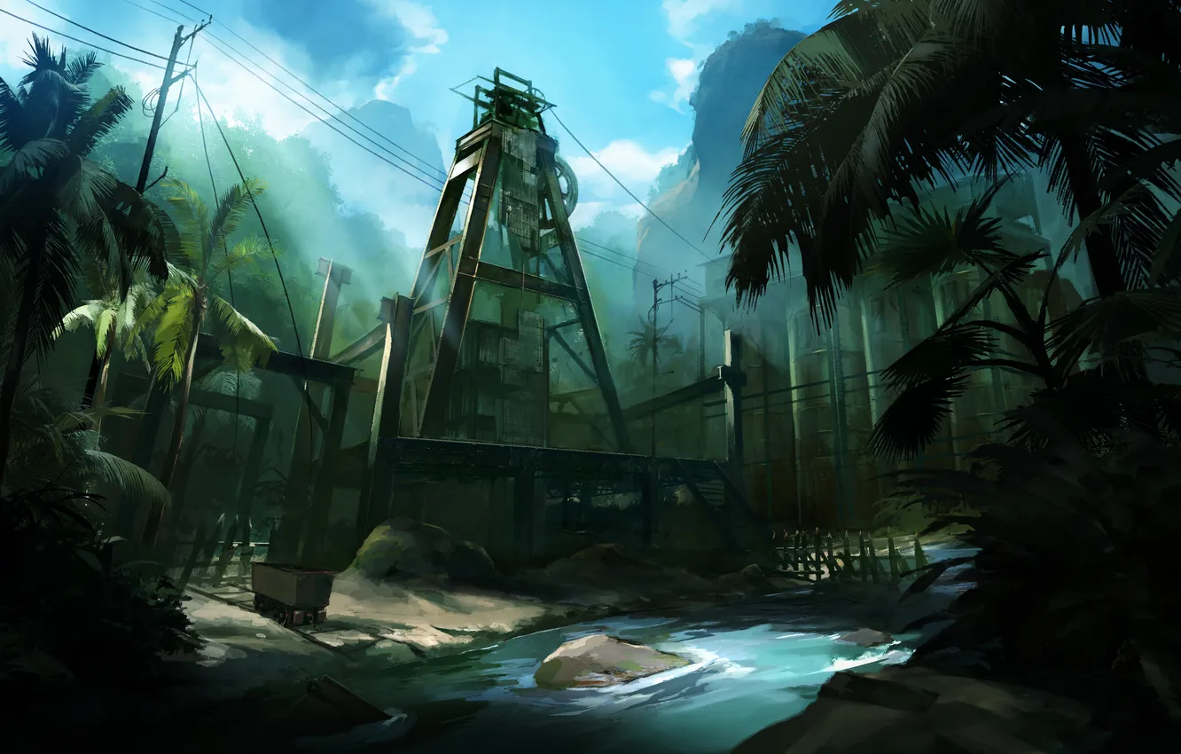 Photo wallpaper palm trees, plant, jungle, tower, Lost Planet 2