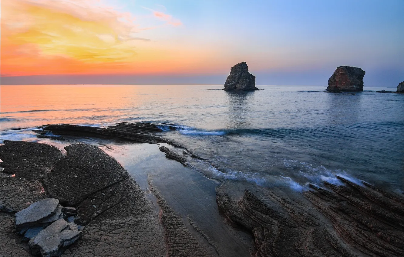 Photo wallpaper sea, the sky, clouds, sunset, nature, stones, rocks, horizon