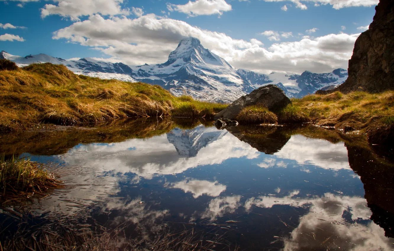 Photo wallpaper the sky, water, clouds, mountains, lake, reflection, stones, Switzerland