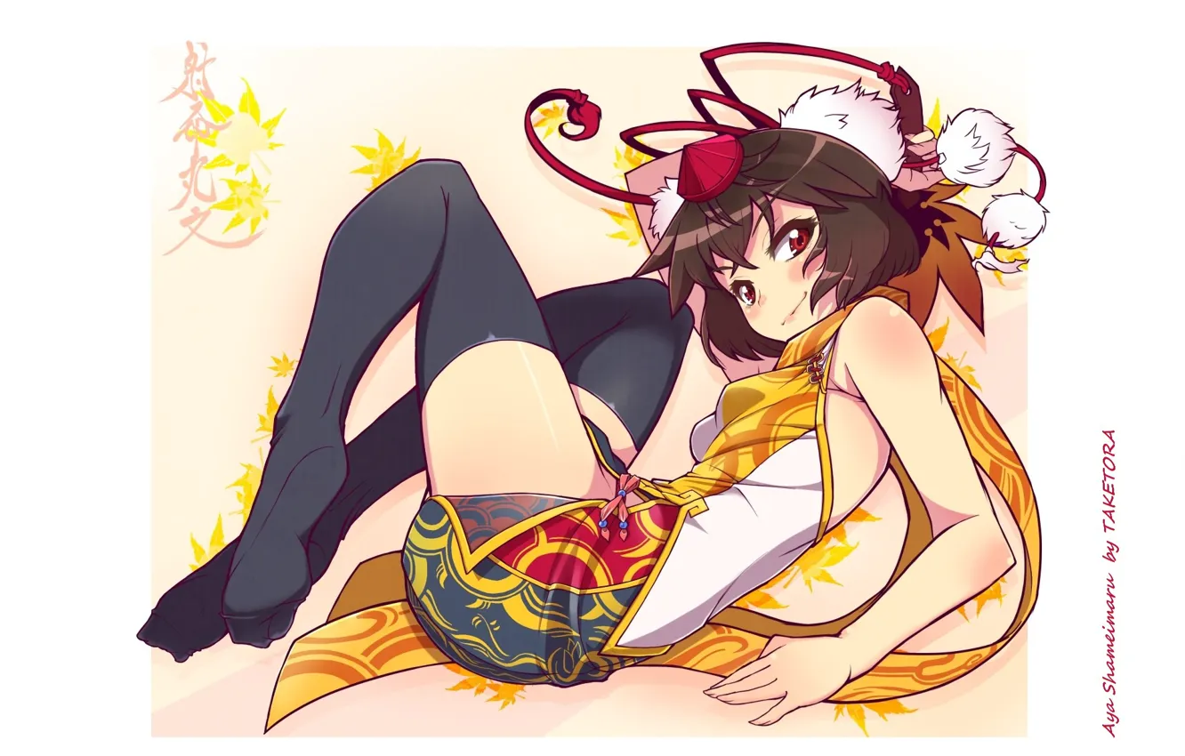 Photo wallpaper characters, Aya Shameimaru, maple leaves, black stockings, Touhou Project, bombski, Project East, tenge