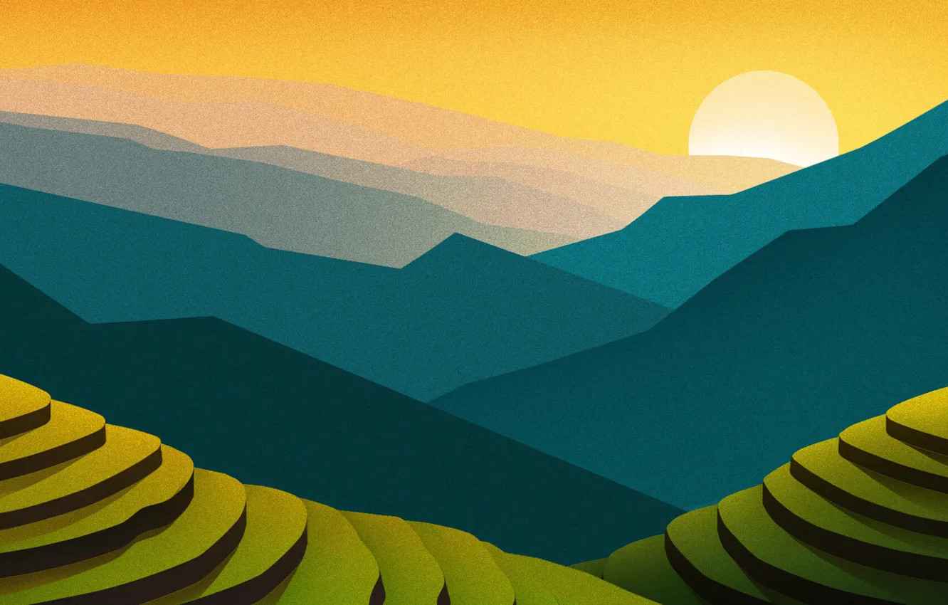 Photo wallpaper Sunset, The sun, Nature, Minimalism, Mountains, Mountain, Figure, Dawn