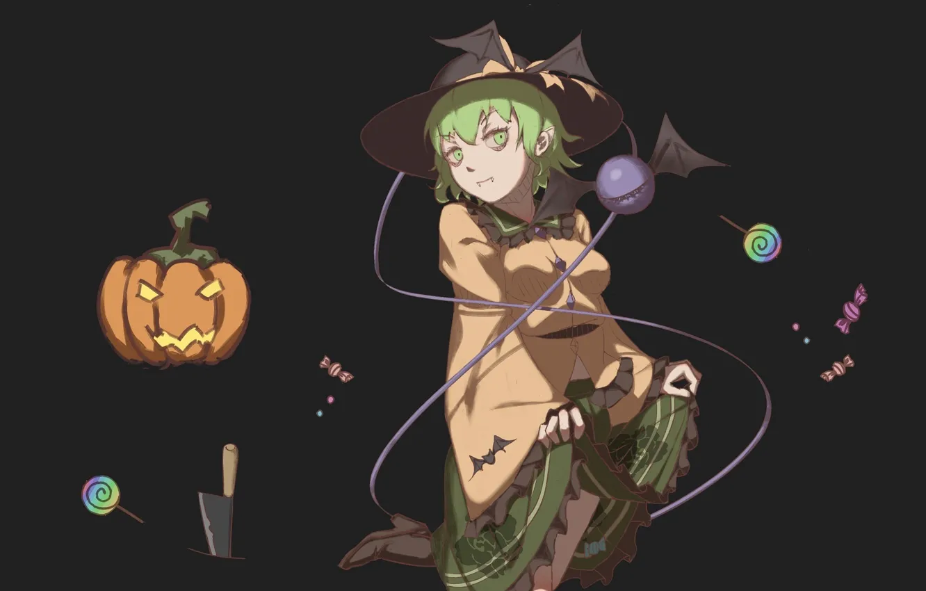 Photo wallpaper the dark background, knife, Halloween, green hair, Touhou Project, black magic, Project East, Komeiji Koishi