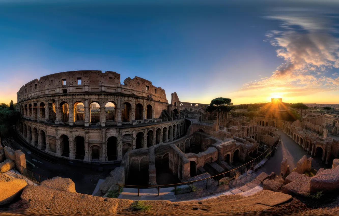 Photo wallpaper road, the sky, the sun, rays, light, sunset, blue, view