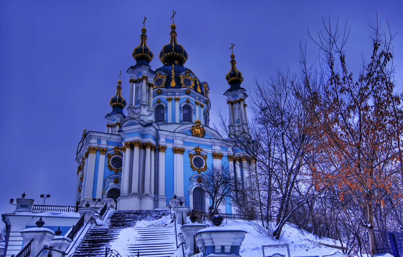 Photo wallpaper winter, the sky, snow, trees, the evening, Ukraine, Kiev, Andreevsky descent