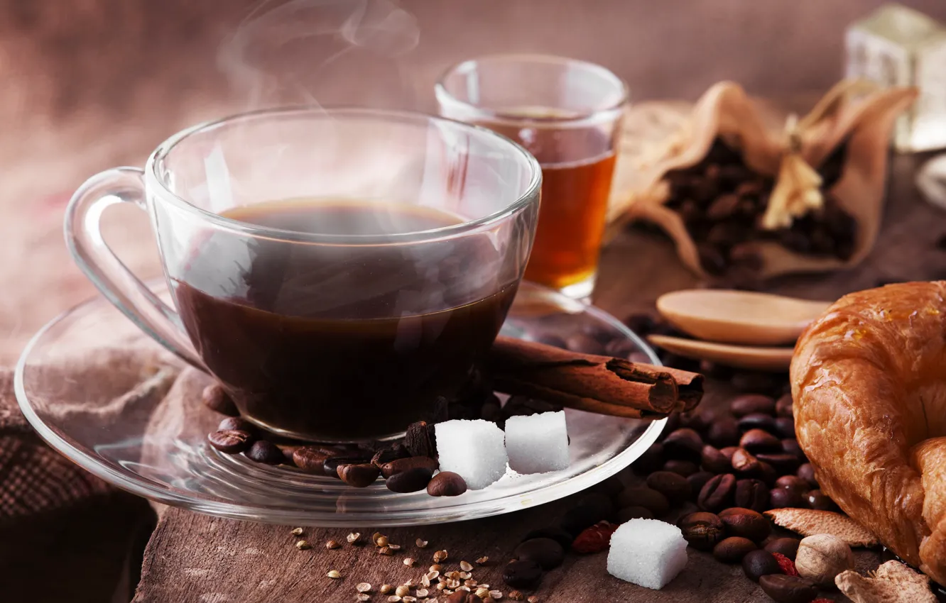 Photo wallpaper coffee, sugar, drink, cinnamon, coffee beans, croissant