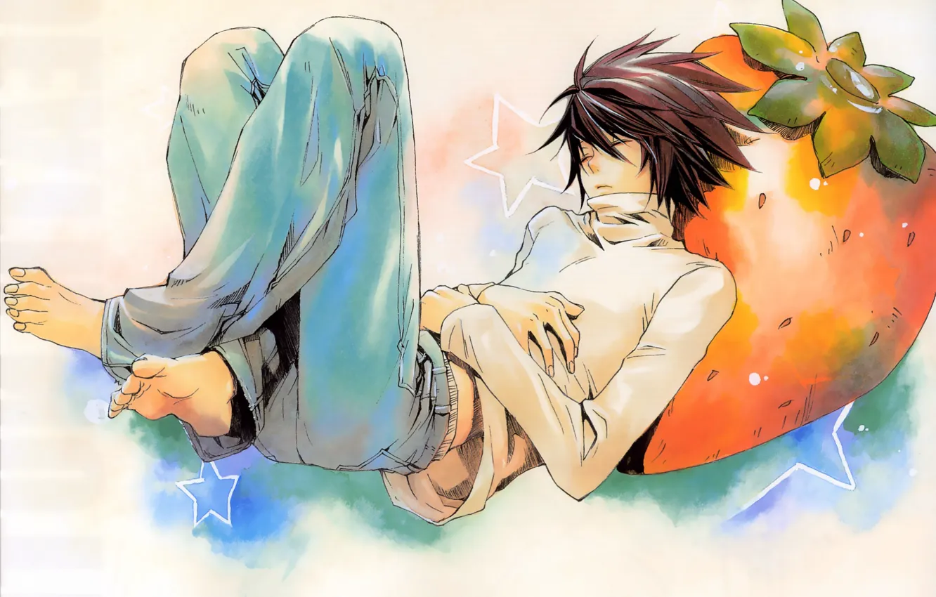 Photo wallpaper sleep, jeans, barefoot, strawberry, guy, Death Note, Death Note, sweater