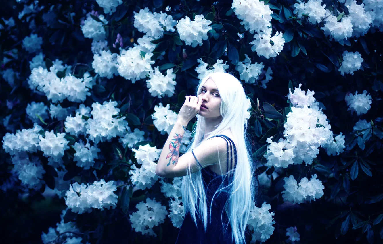 Photo wallpaper girl, drops, flowers, tears, tattoo, cry, long hair, Lichon