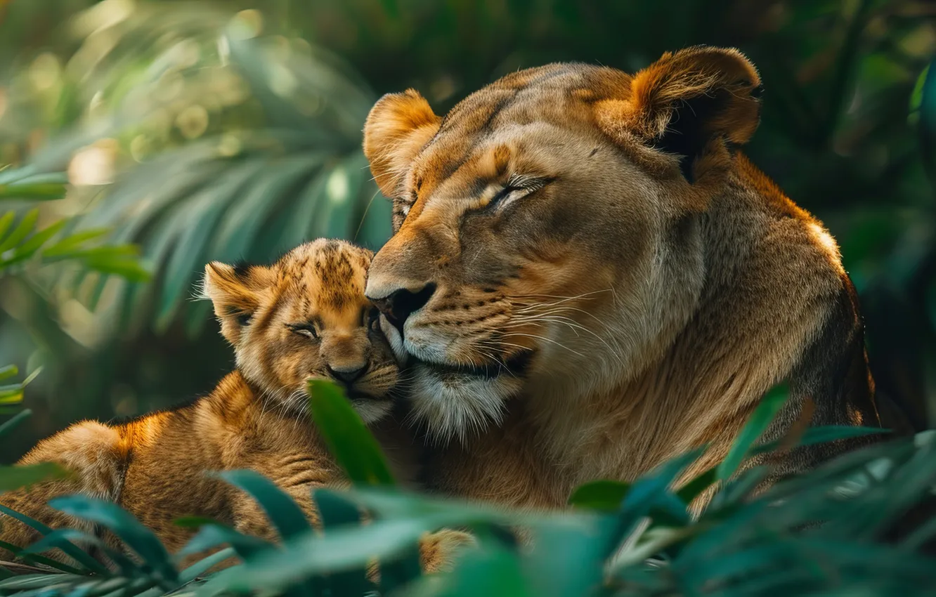 Photo wallpaper grass, predator, kitty, two, lioness, lion, big cats, digital art