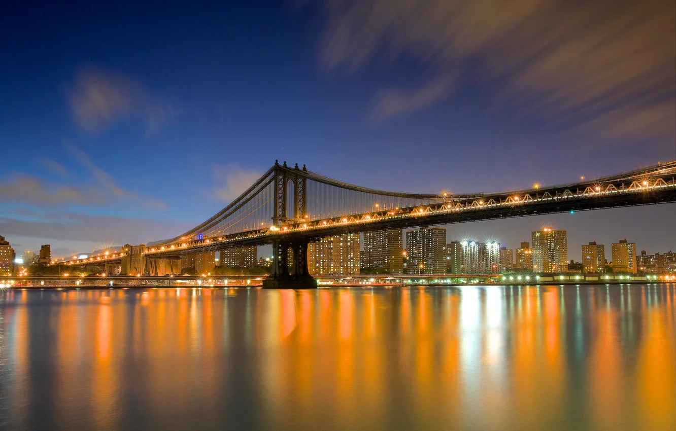 Photo wallpaper bridge, the city, lights, river, building, home, New York, skyscrapers