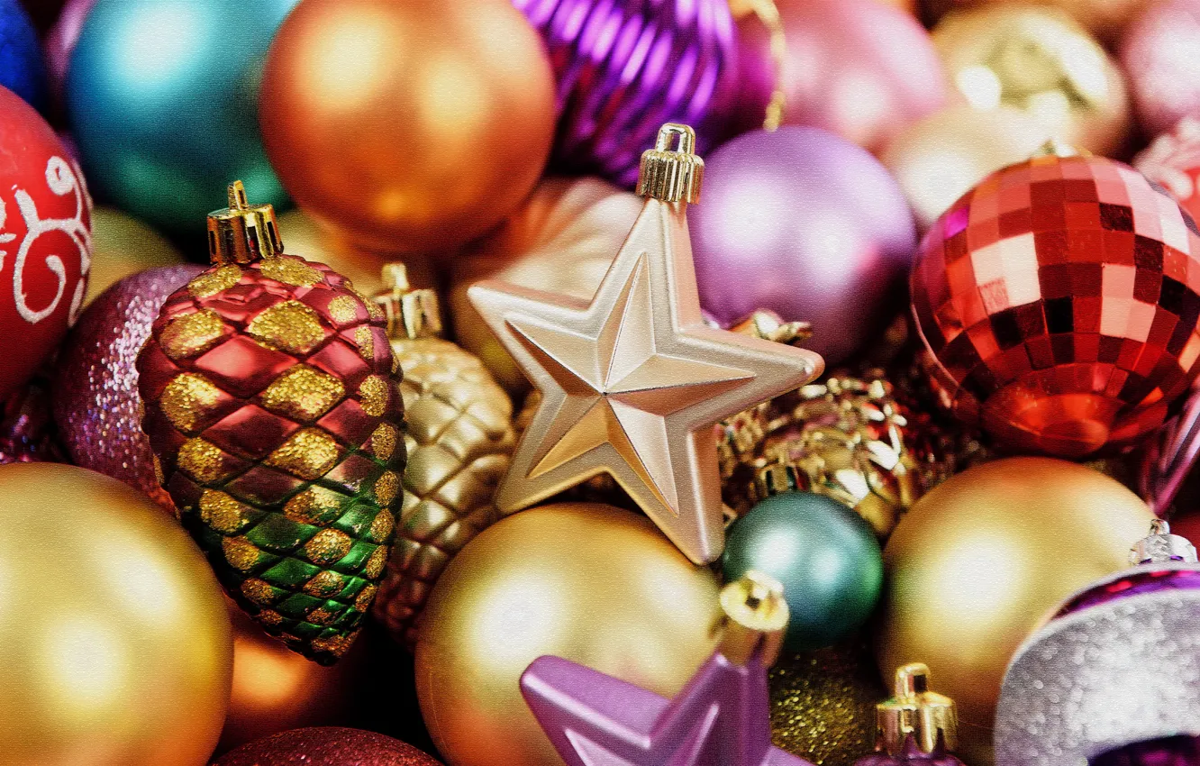 Photo wallpaper holiday, balls, toy, new year, colorful, stars, bumps, closeup