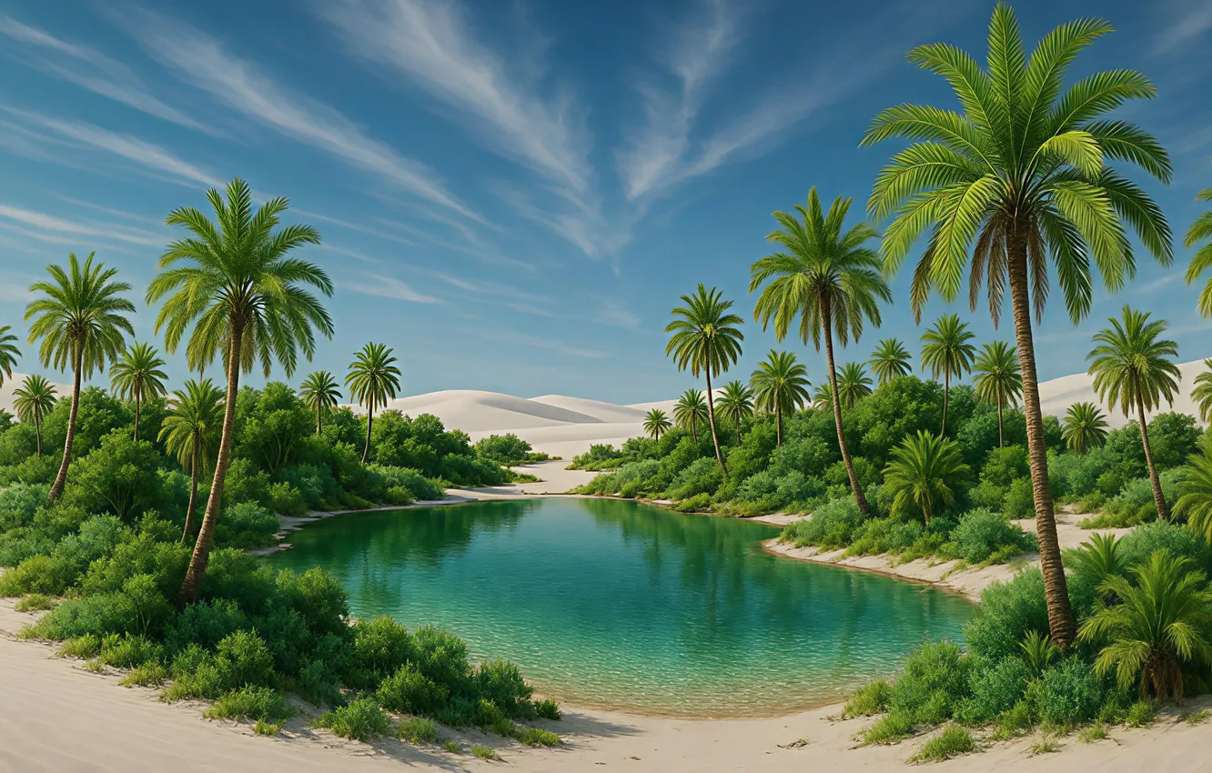 Photo wallpaper the sky, lake, palm trees, desert, art, oasis