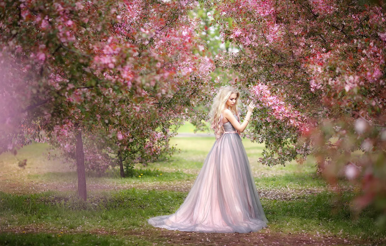 Photo wallpaper girl, trees, mood, spring, garden, dress, flowering, Oksana Mitina