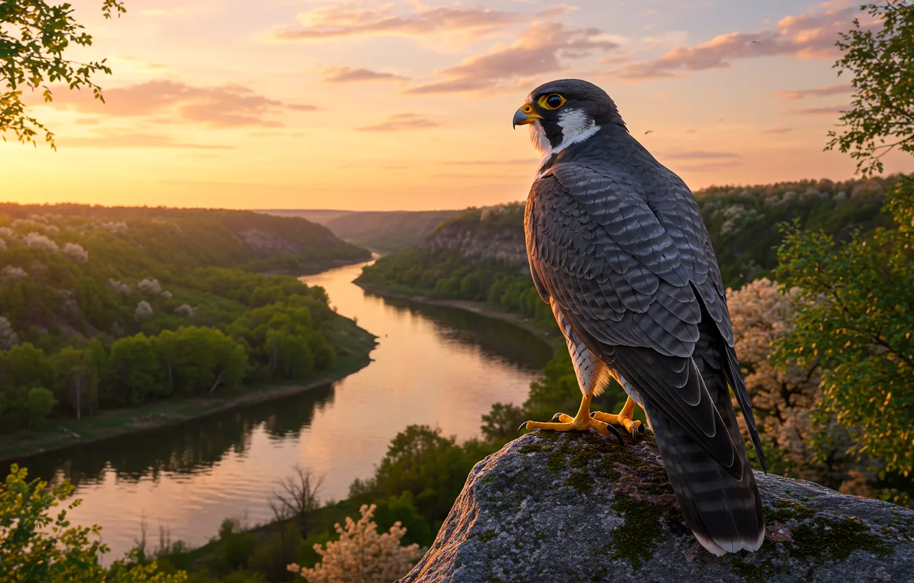 Photo wallpaper look, sunset, nature, river, stones, bird, Wallpaper, height