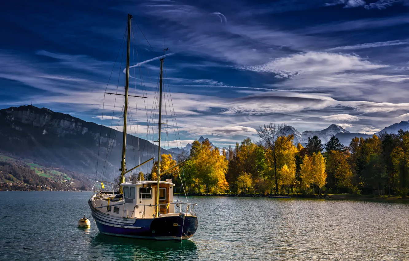 Photo wallpaper autumn, trees, landscape, mountains, nature, shore, boat, Switzerland