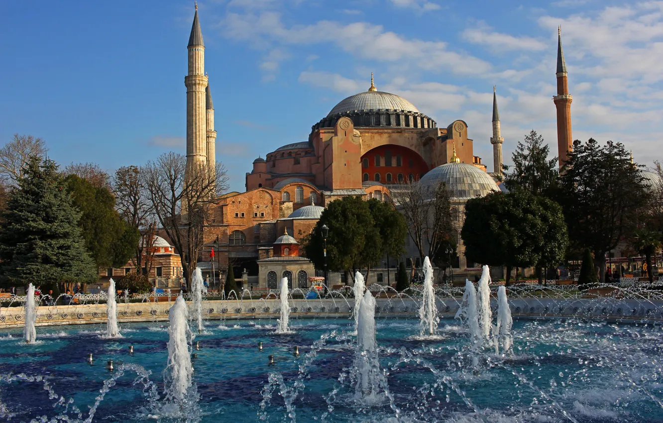 Photo wallpaper the city, Cathedral, tower, fountain, architecture, Istanbul, Turkey, Hagia Sophia