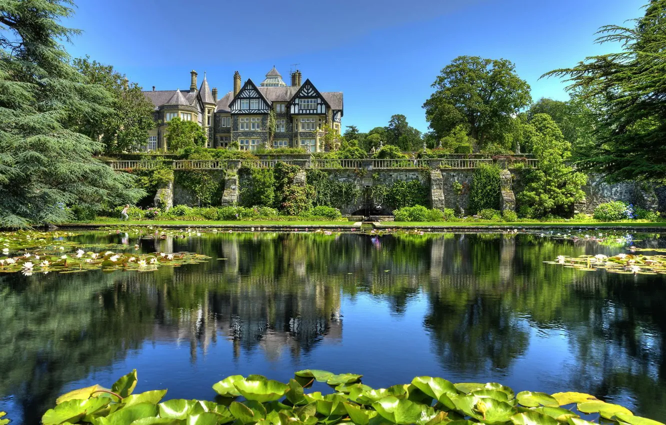 Photo wallpaper lake, castle, wall, garden