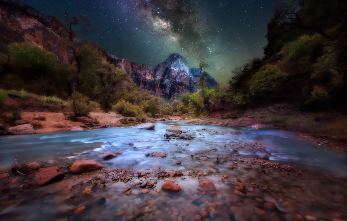 Photo wallpaper stars, night, river, stones, rocks, the milky way, Zion National Park, Utah