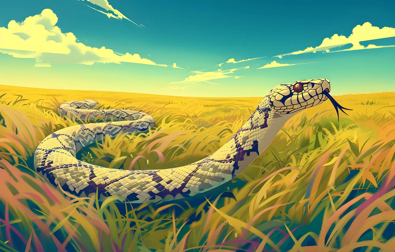 Photo wallpaper language, grass, face, animal, snake, art, reptile, digital art