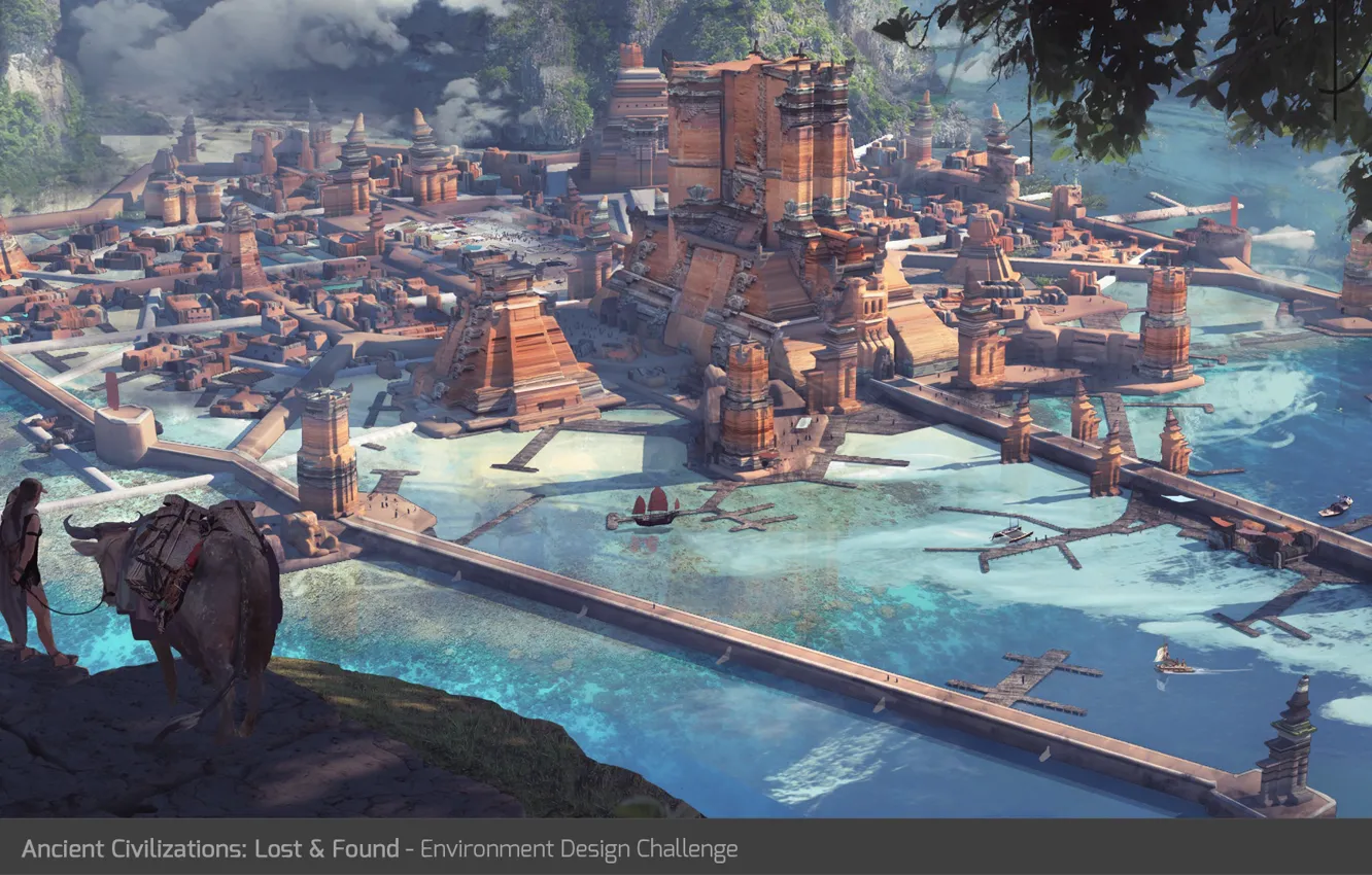 Photo wallpaper mountains, boat, pond, settlement, Ancient civilizations