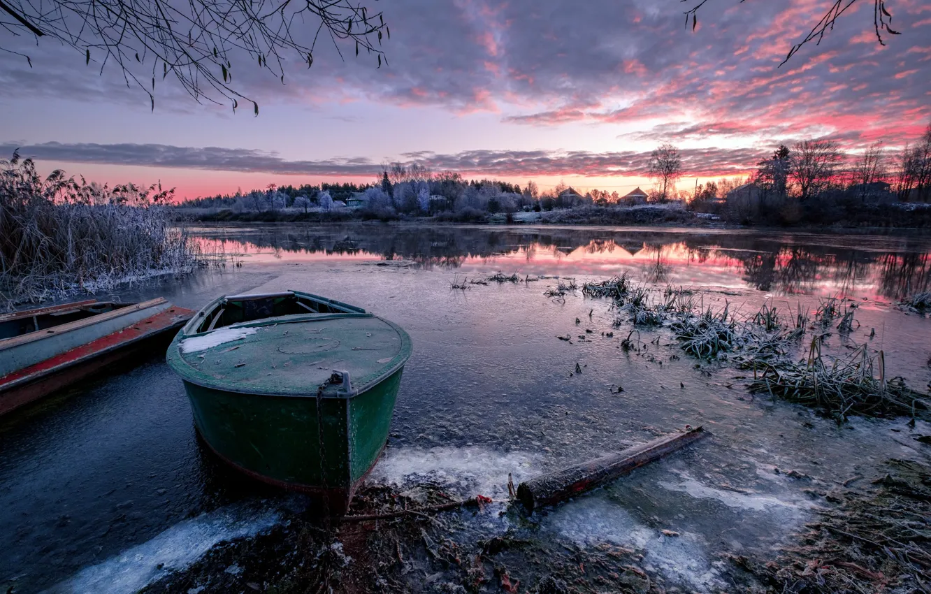 Photo wallpaper ice, frost, landscape, nature, river, dawn, boat, morning