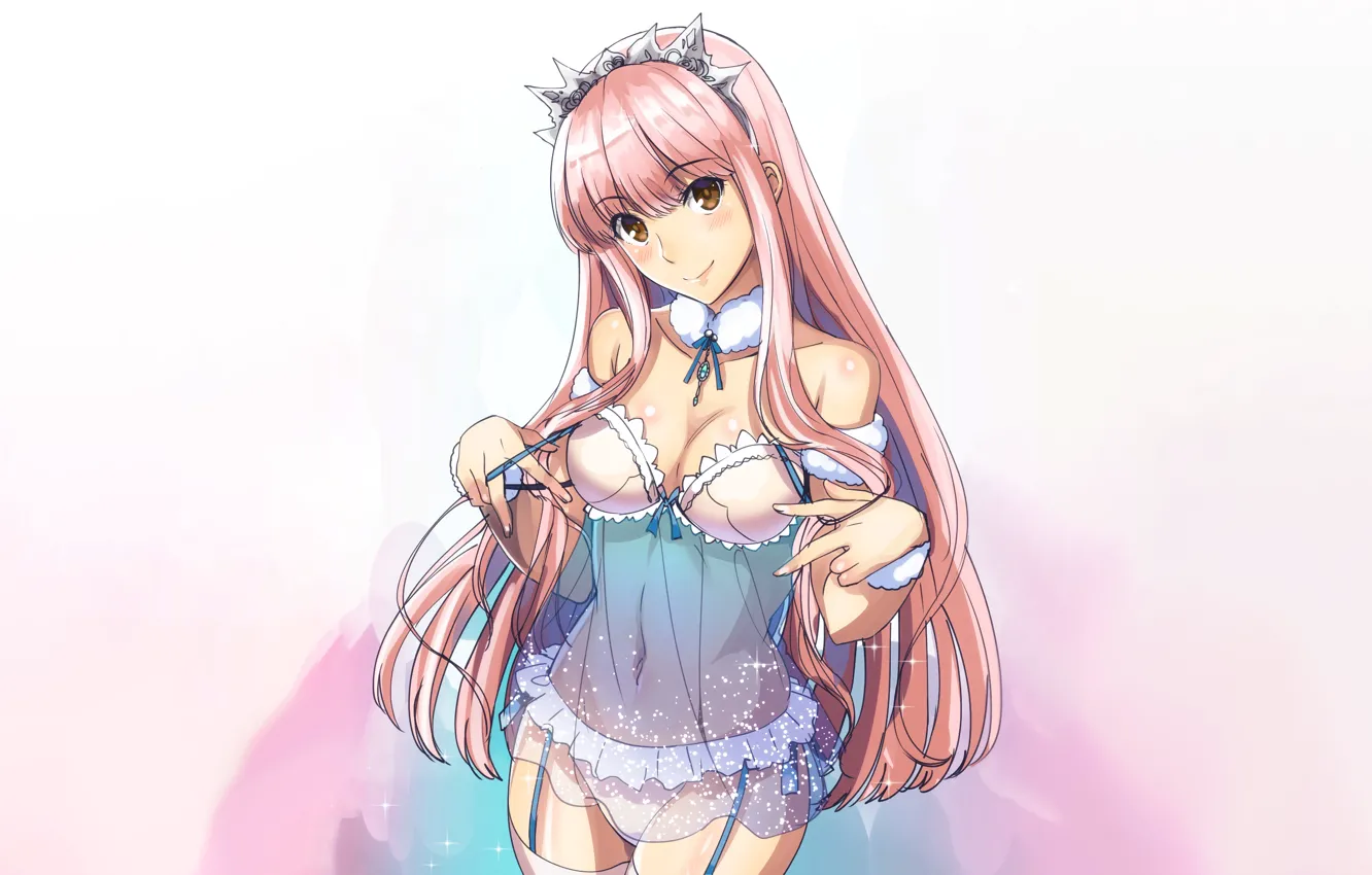 Photo wallpaper girl, sexy, lingerie, cleavage, panties, thighhighs, pink hair, long hair
