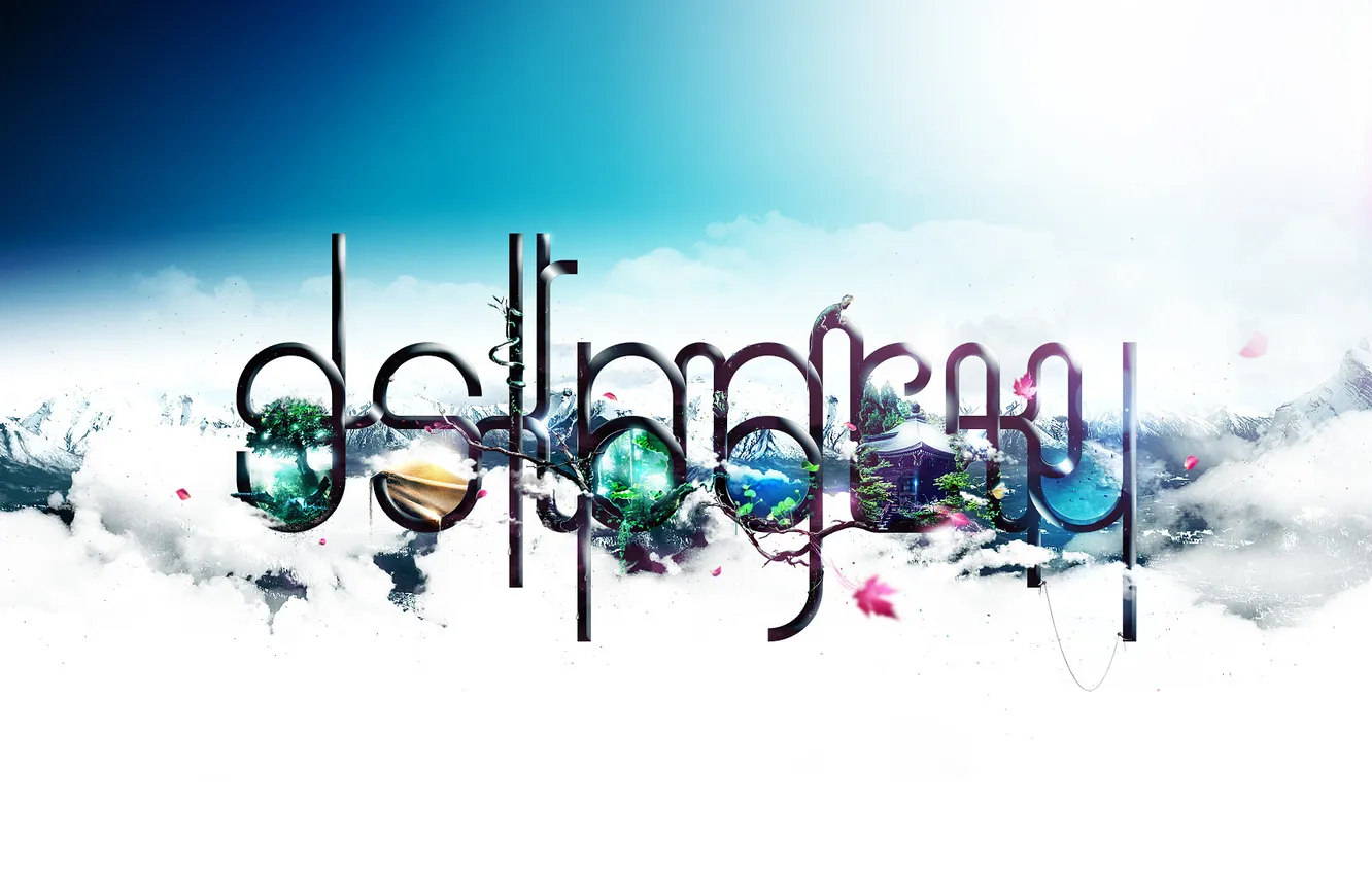 Photo wallpaper mountains, the inscription, desktopography