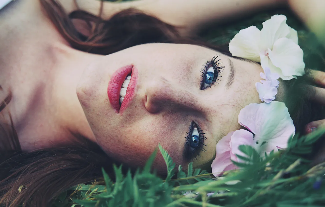 Photo wallpaper grass, look, girl, flowers, blue-eyed