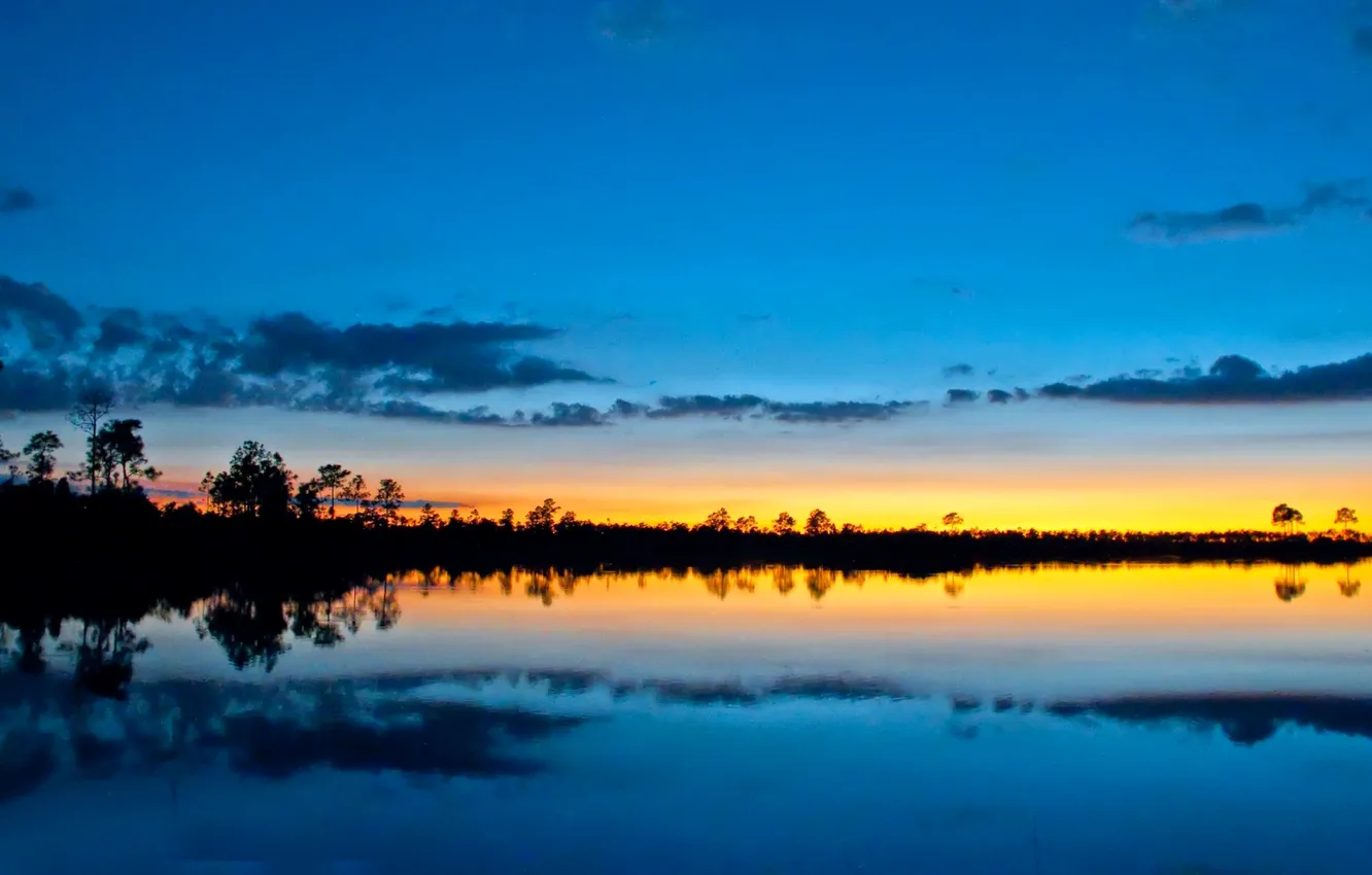 Photo wallpaper sea, the sky, clouds, trees, sunset, reflection, horizon