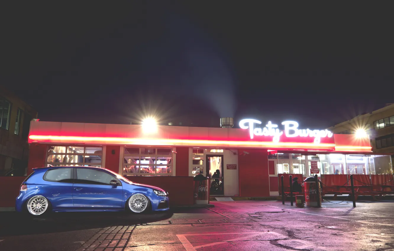 Photo wallpaper night, Volkswagen, cafe, Golf, golf, Volkswagen, cafe