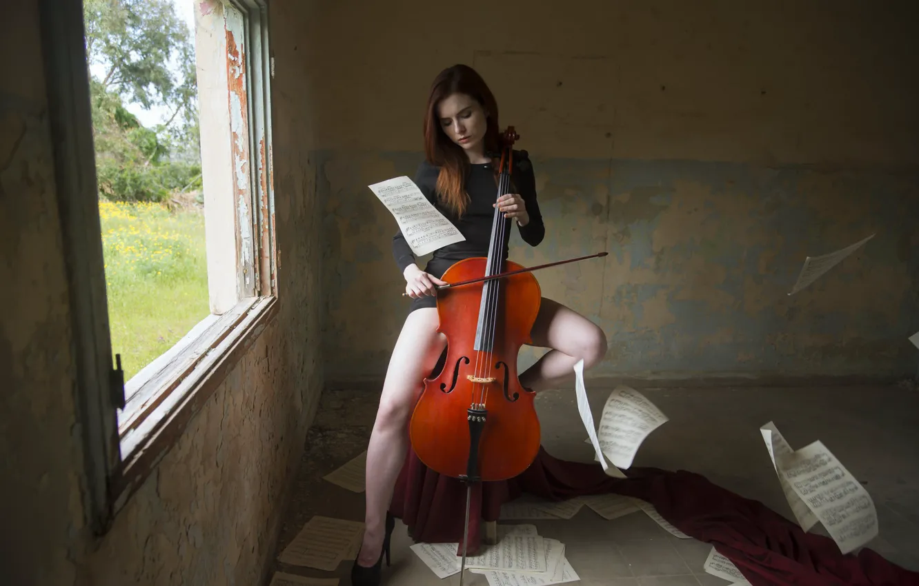 Photo wallpaper girl, notes, cello