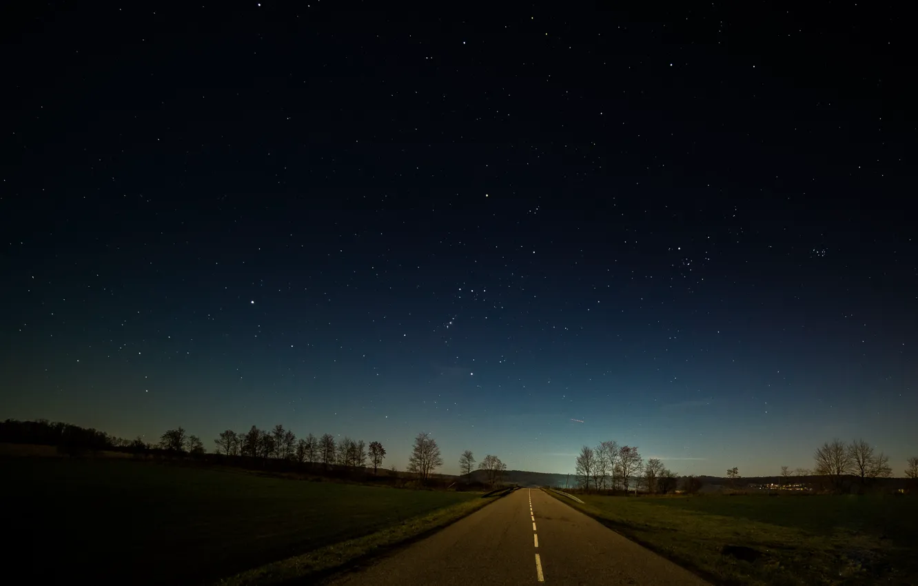 Photo wallpaper road, field, the sky, stars, trees, village